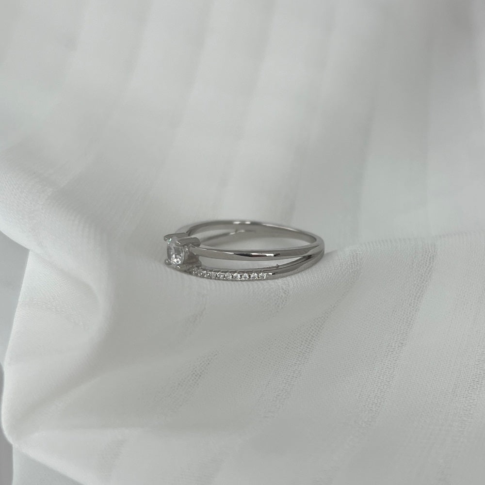 Silver Zircon Round Cut Double Layered Dainty Ring