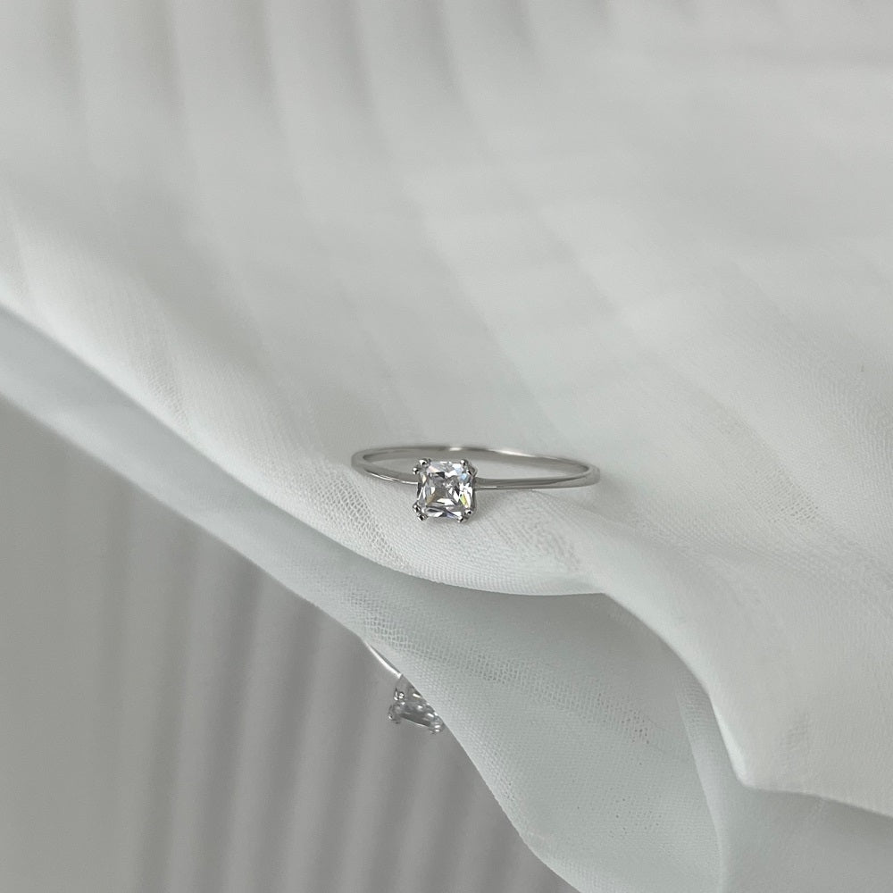 Silver Zircon Cushion Square Cut Simple Solitaire Ring
