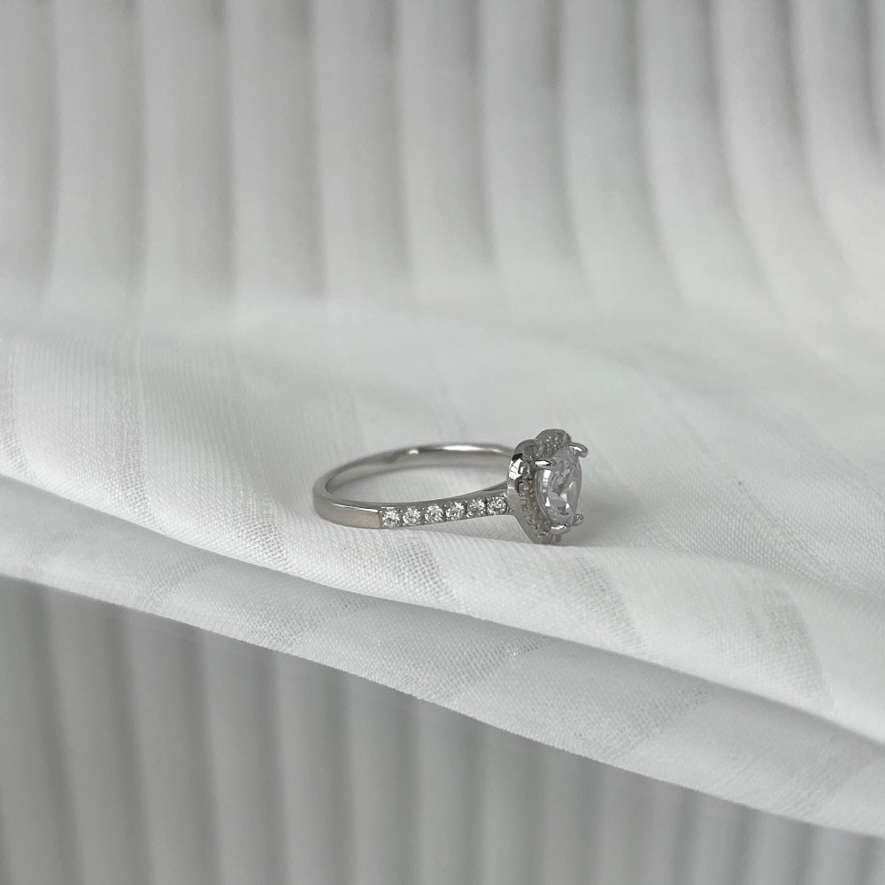 Silver Zircon Heart Cut Inlaid Halo Ring