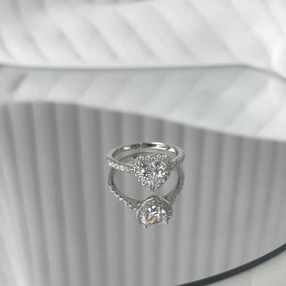 Silver Zircon Heart Cut Inlaid Halo Ring