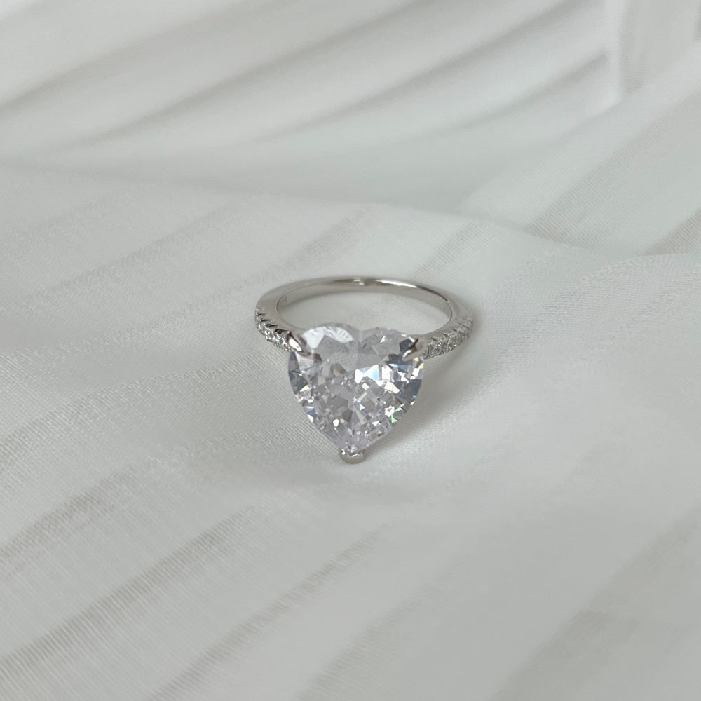 Silver Zircon Heart Cut Iced Inlaid Solitaire Ring