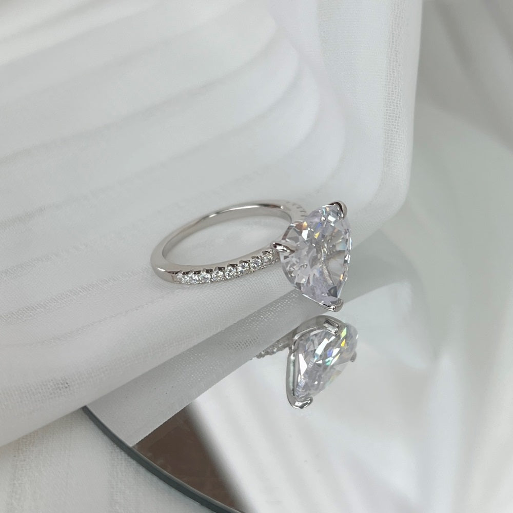 Silver Zircon Heart Cut Iced Inlaid Solitaire Ring