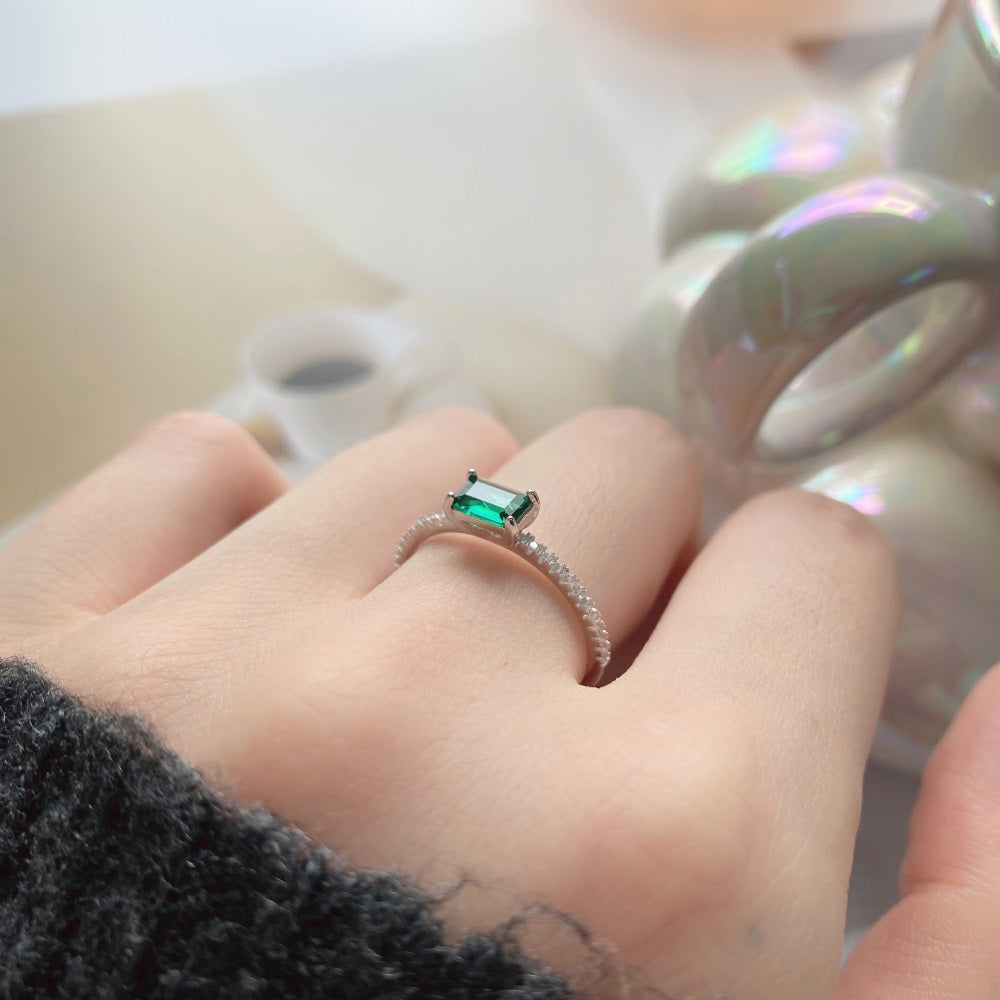 Silver Zircon Emerald Cut Sided Solitaire Ring