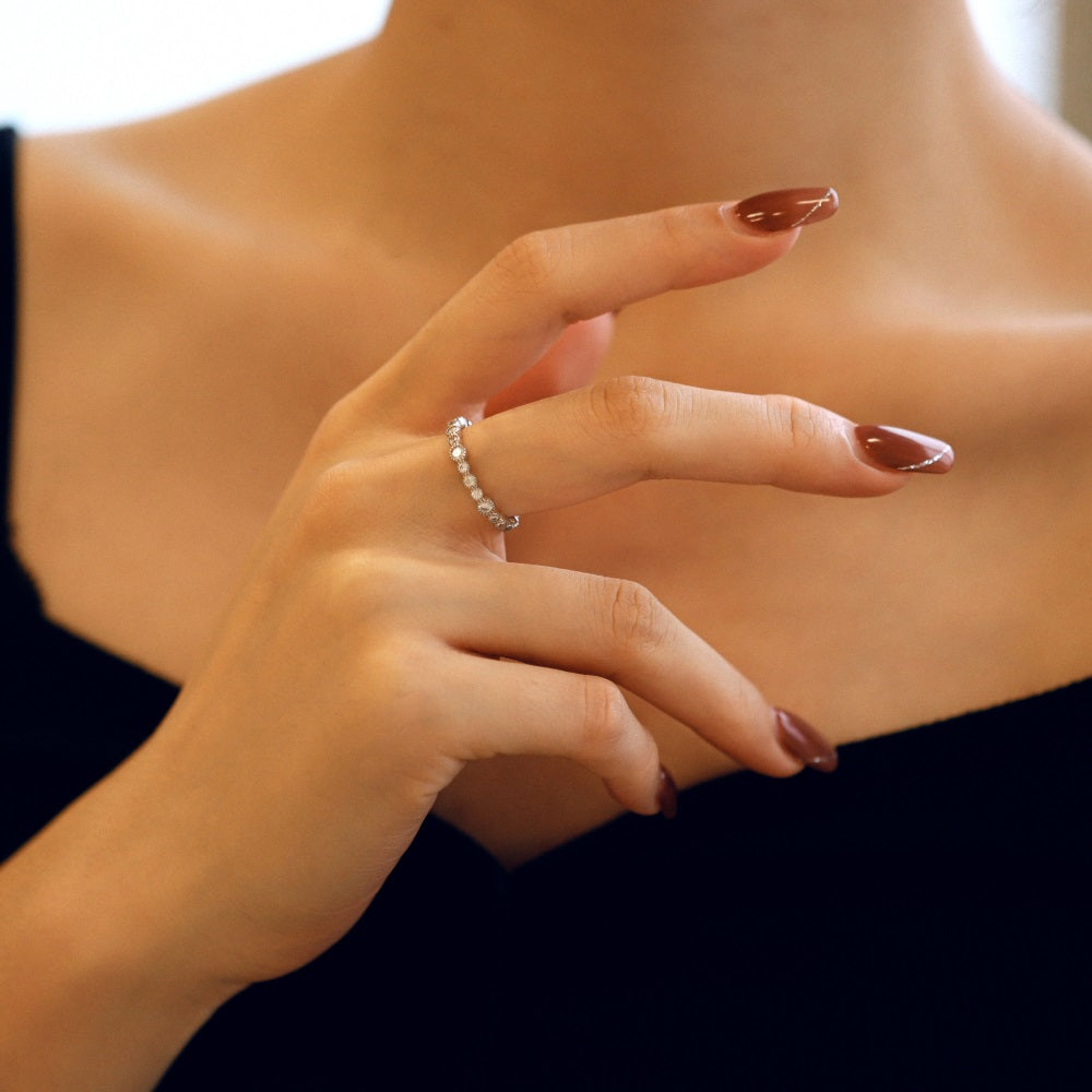 Silver Zircon Round Cut Thin Brushed Eternity Ring