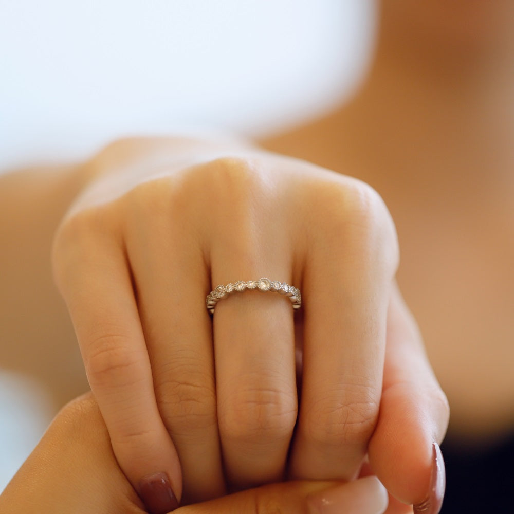 Silver Zircon Round Cut Thin Brushed Eternity Ring