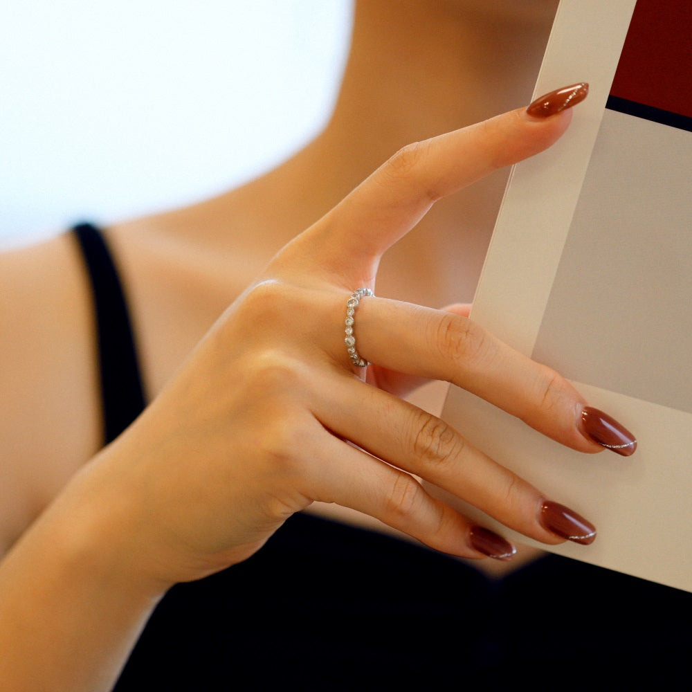 Silver Zircon Round Cut Thin Brushed Eternity Ring