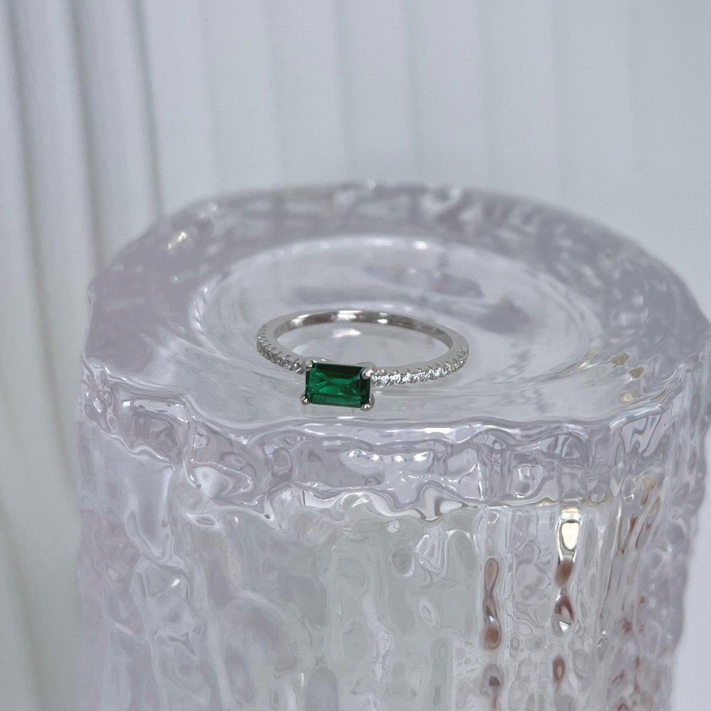 Silver Zircon Emerald Cut Sided Solitaire Ring