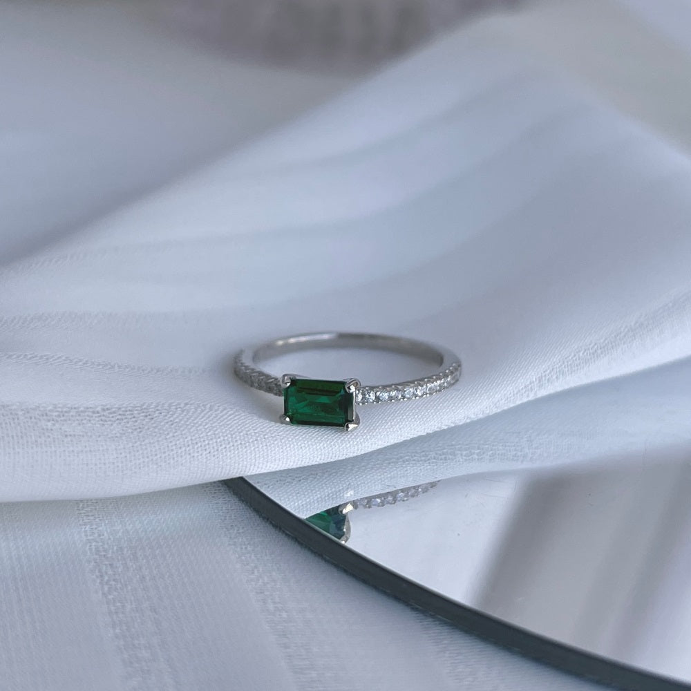 Silver Zircon Emerald Cut Sided Solitaire Ring