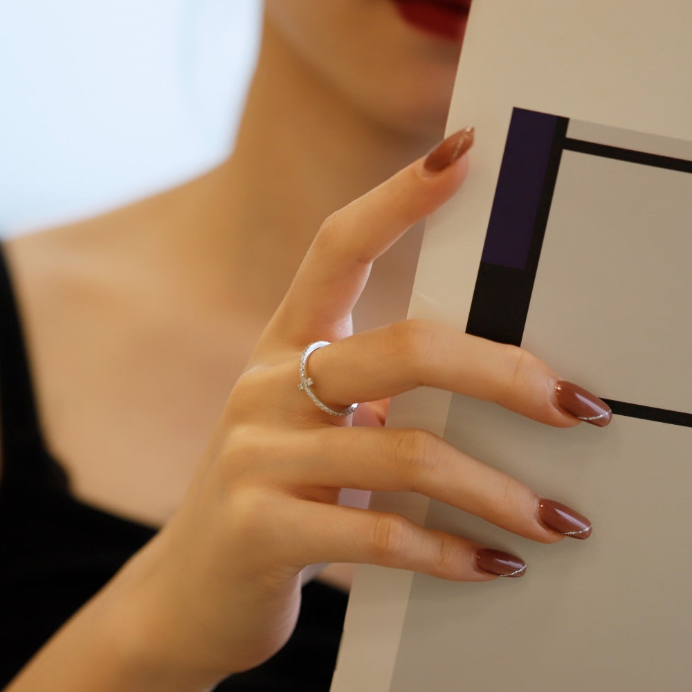 Silver Zircon Round Cut Cross Dainty Ring