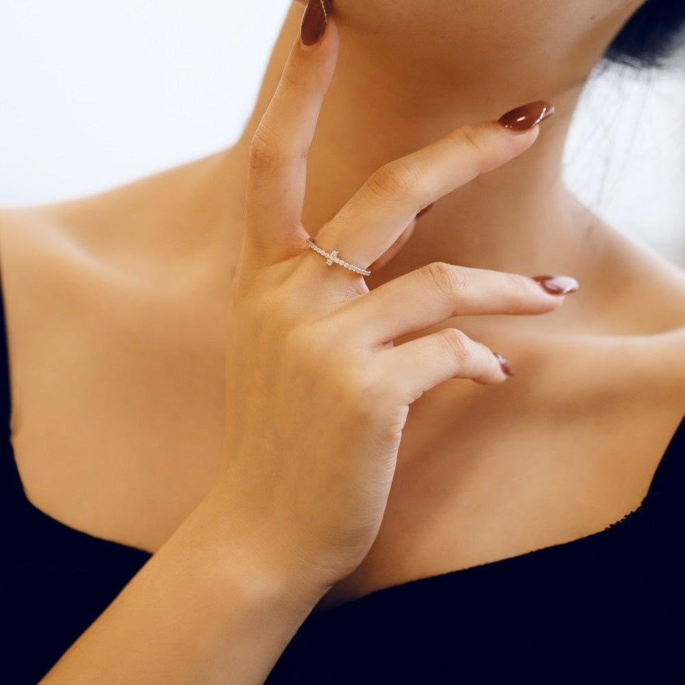 Silver Zircon Round Cut Cross Dainty Ring