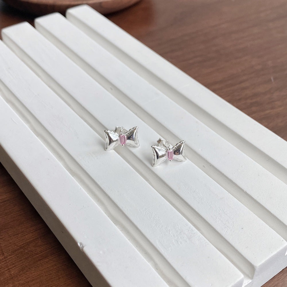 Silver Zircon Baguette Cut Bow Ear Studs
