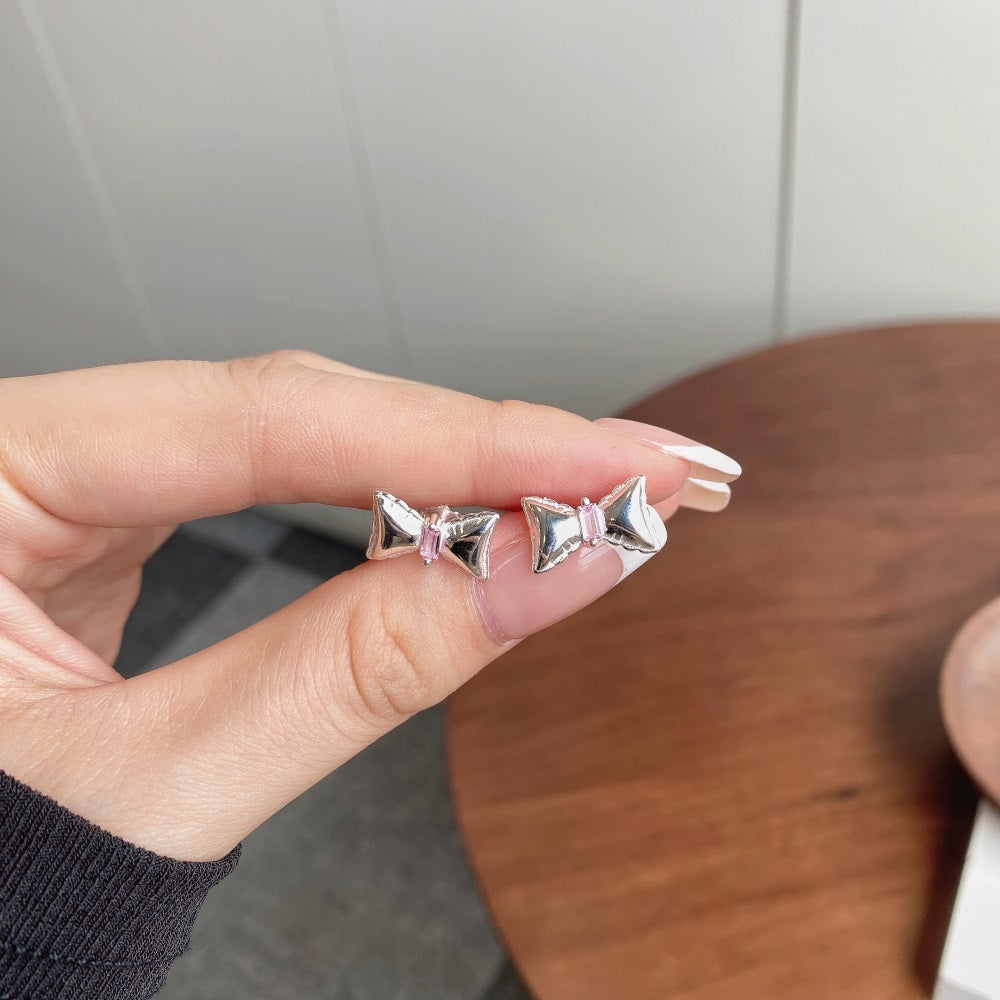 Silver Zircon Baguette Cut Bow Ear Studs