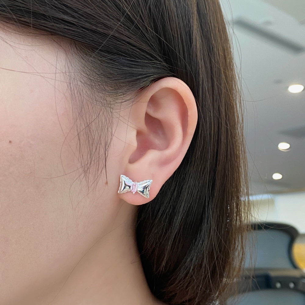 Silver Zircon Baguette Cut Bow Ear Studs