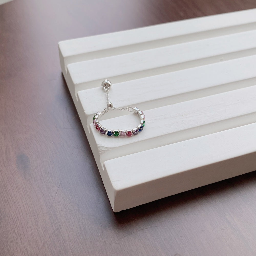 Silver Zircon Round Cut Inlaid Chain Dainty Ring