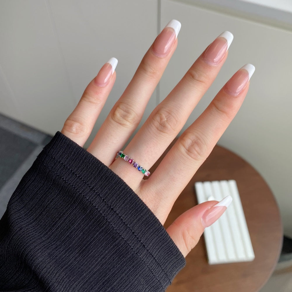 Silver Zircon Round Cut Inlaid Chain Dainty Ring