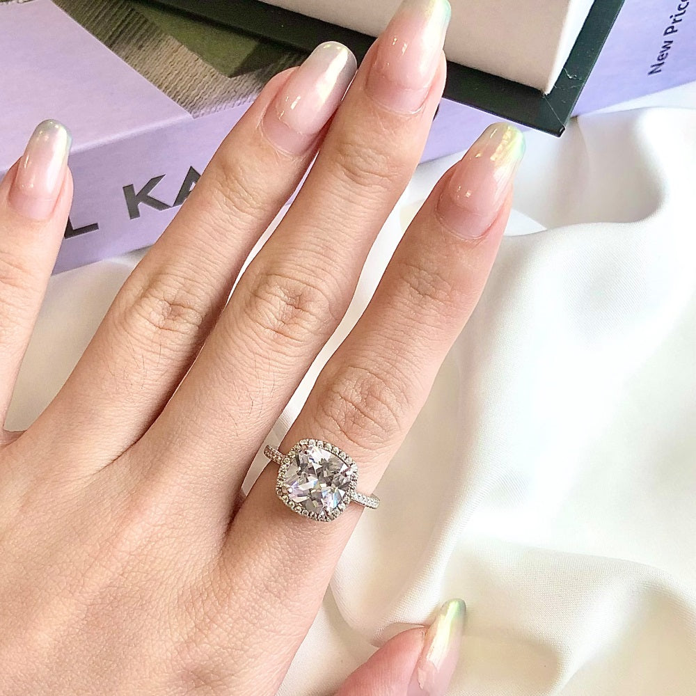 Silver Zircon Cushion Square Cut Inlaid Halo Ring