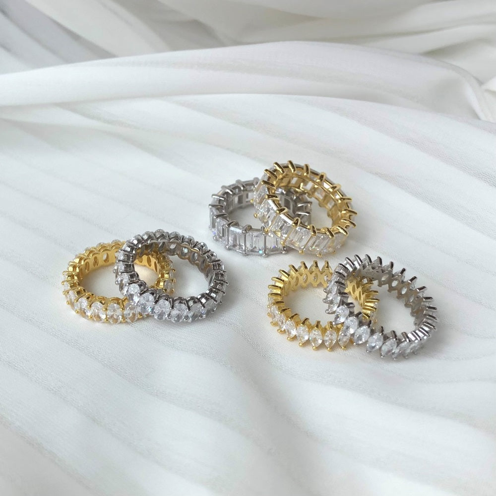 Silver Zircon Emerald Cut Wrapped Inlaid Wedding Ring