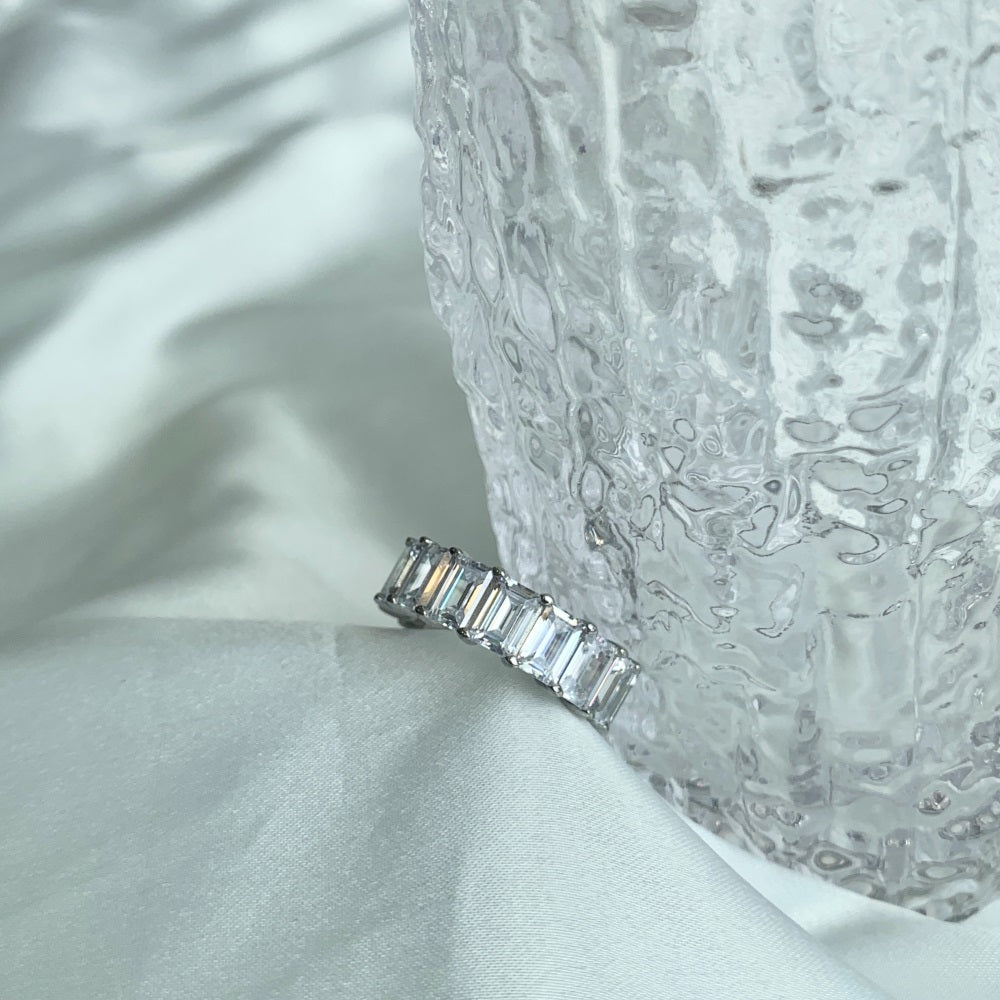 Silver Zircon Emerald Cut Wrapped Inlaid Wedding Ring