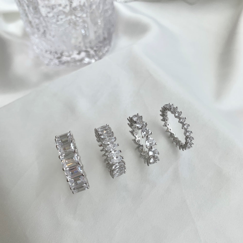 Silver Zircon Cushion Cut Wrapped Inlaid Eternity Ring