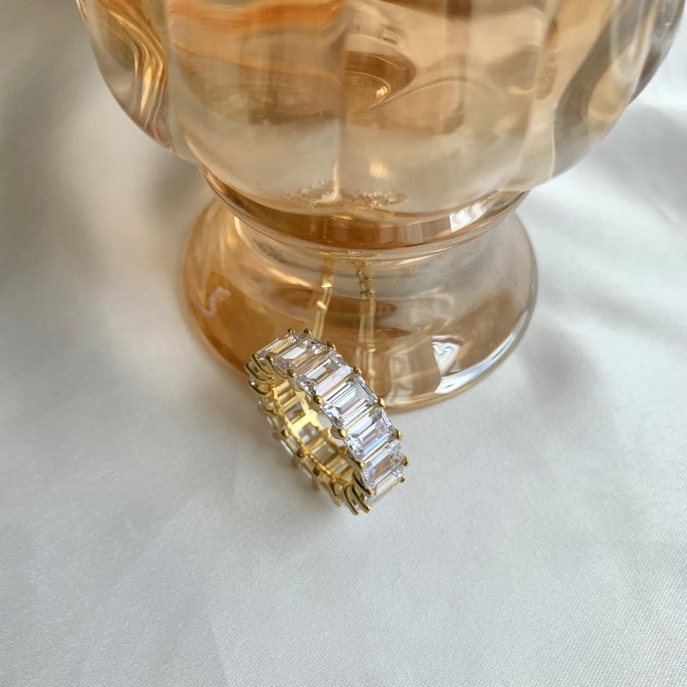 Silver Zircon Emerald Cut Wrapped Inlaid Wedding Ring