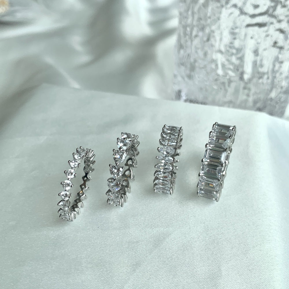 Silver Zircon Cushion Cut Wrapped Inlaid Eternity Ring