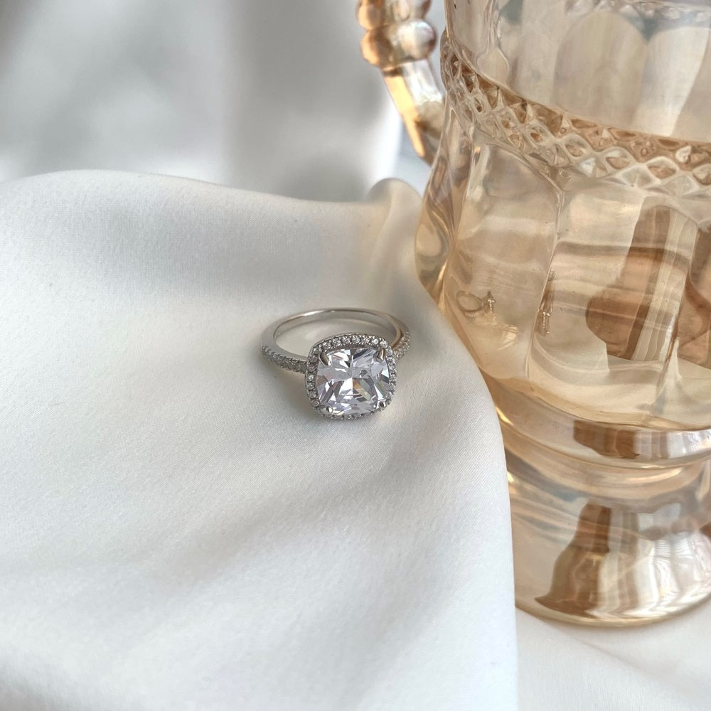 Silver Zircon Cushion Square Cut Inlaid Halo Ring