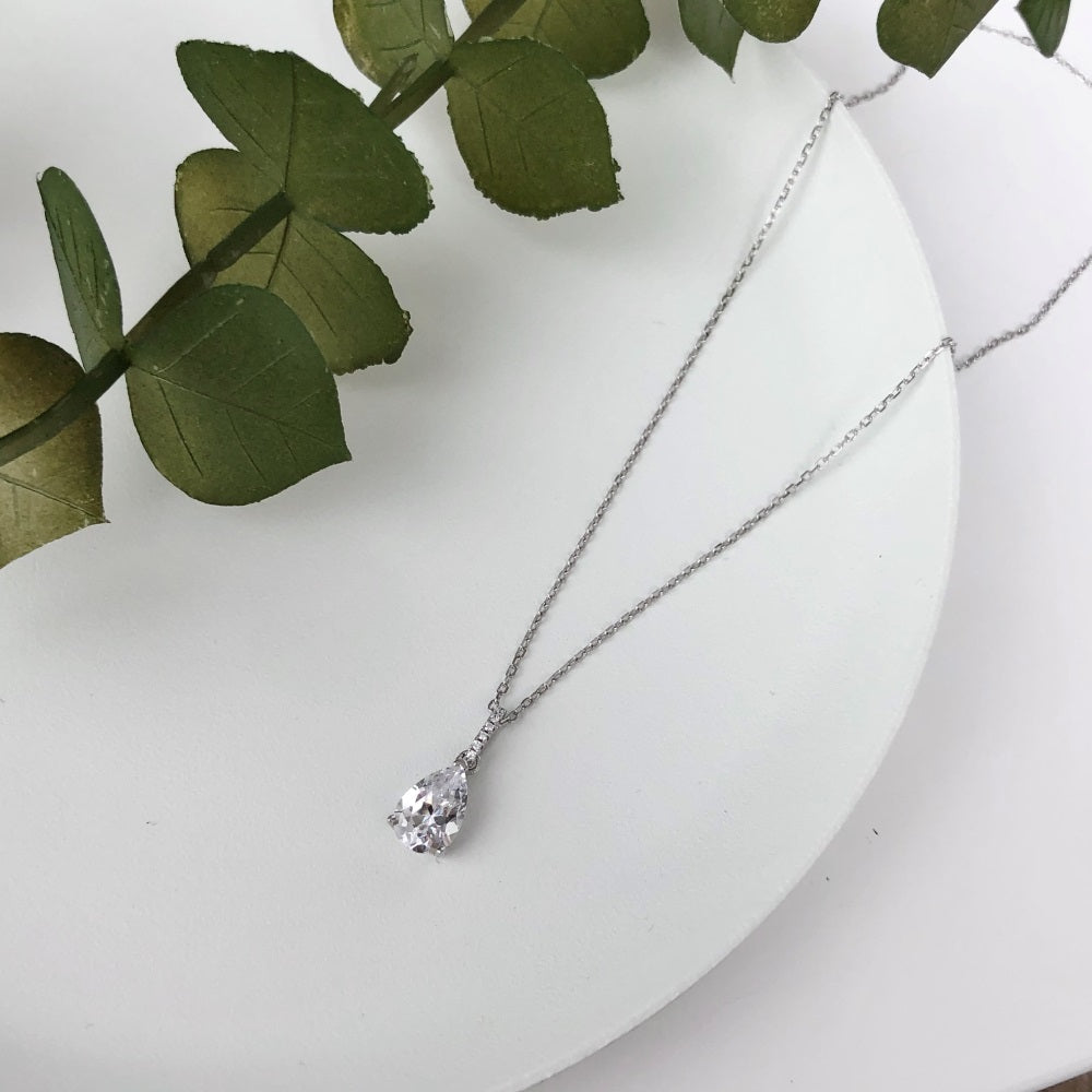 Silver Zircon Pear Cut Water Drop Pendant Necklace