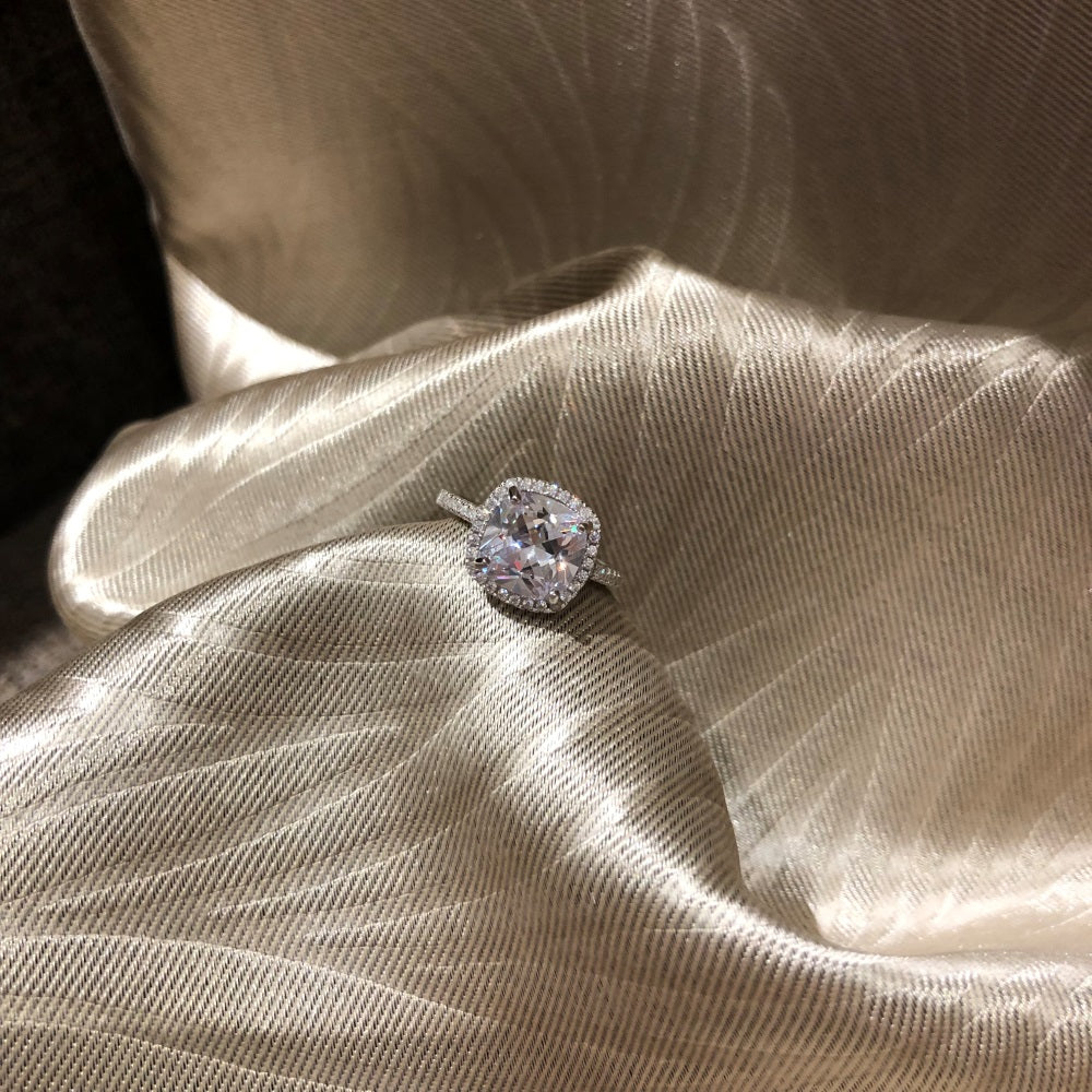 Silver Zircon Cushion Square Cut Inlaid Halo Ring