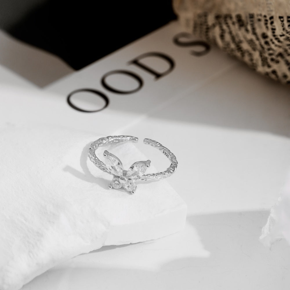 Silver Zircon Marquise Cut Melting Twisted Butterfly Dainty Ring
