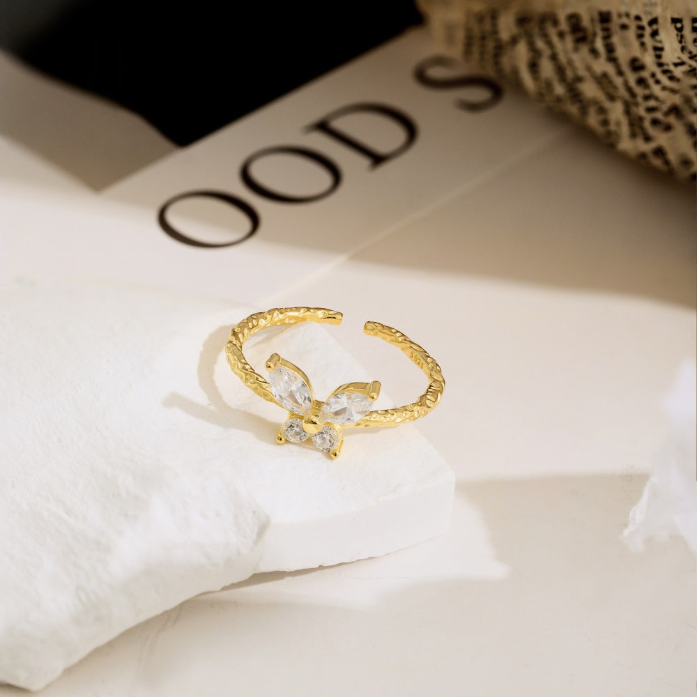 Silver Zircon Marquise Cut Melting Twisted Butterfly Dainty Ring