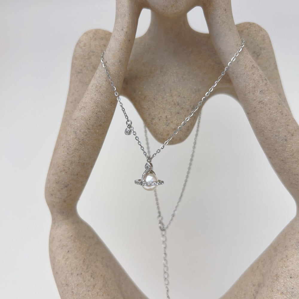 Silver Pearl Wrapped Pendant Necklace