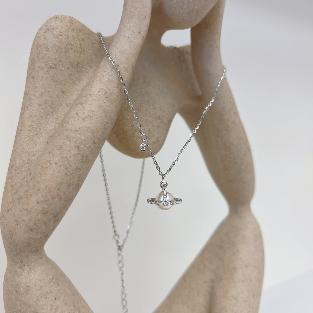 Silver Pearl Wrapped Pendant Necklace