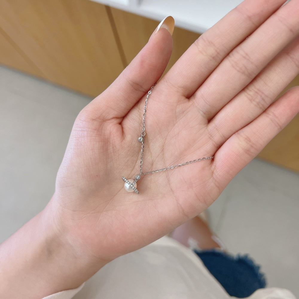 Silver Pearl Wrapped Pendant Necklace