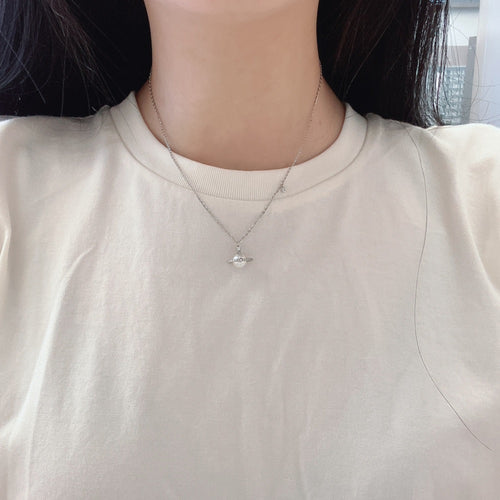 Silver Pearl Wrapped Pendant Necklace