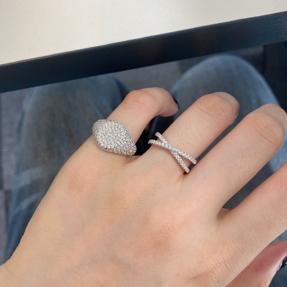 Silver Zircon Round Cut Inlaid Crossover Ring