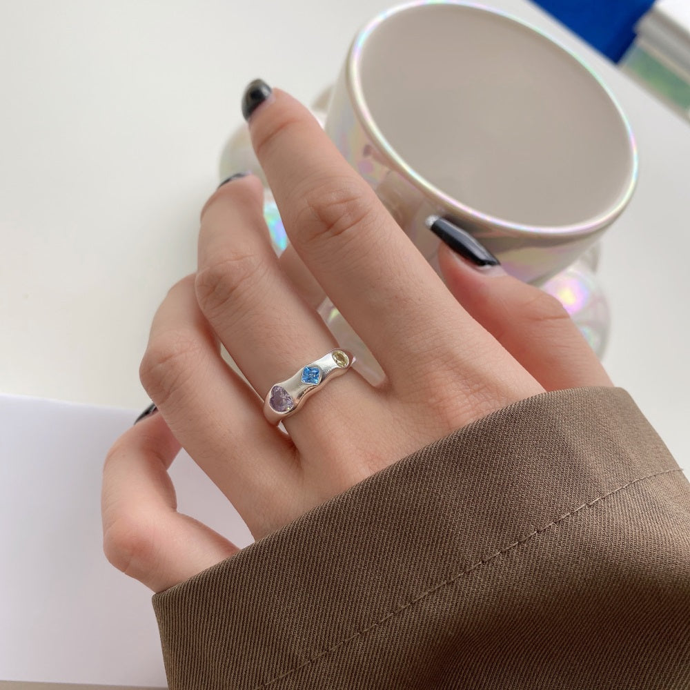 Silver Zircon Cushion Square Cut Inlaid Band Dainty Ring