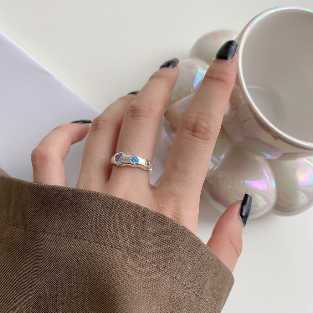 Silver Zircon Cushion Square Cut Inlaid Band Dainty Ring