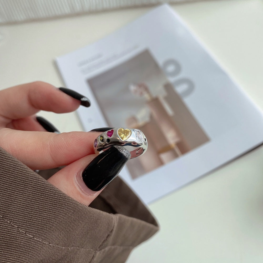 Silver Zircon Heart Cut Inlaid Band Dainty Ring