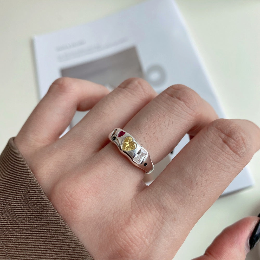 Silver Zircon Heart Cut Inlaid Band Dainty Ring