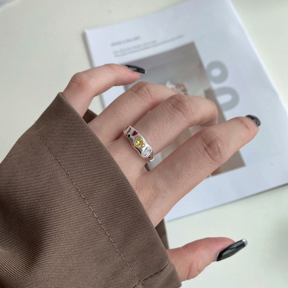 Silver Zircon Heart Cut Inlaid Band Dainty Ring