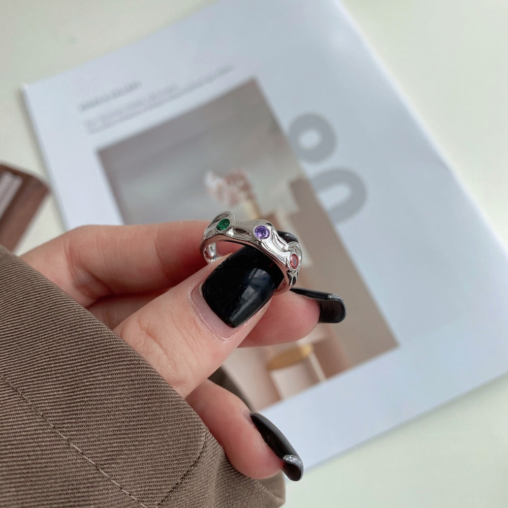 Silver Zircon Round Cut Inlaid Liquid Band Dainty Ring