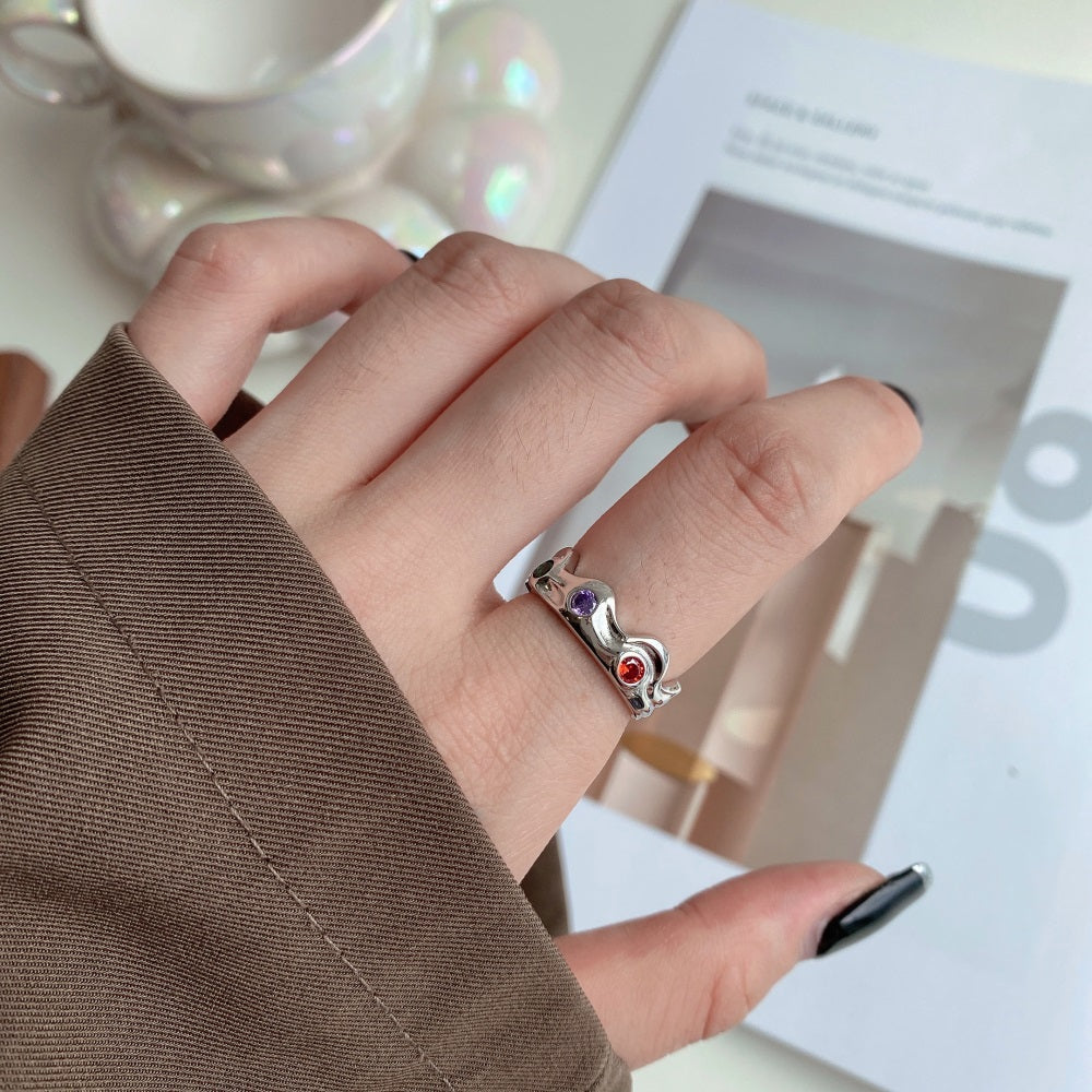 Silver Zircon Round Cut Inlaid Liquid Band Dainty Ring