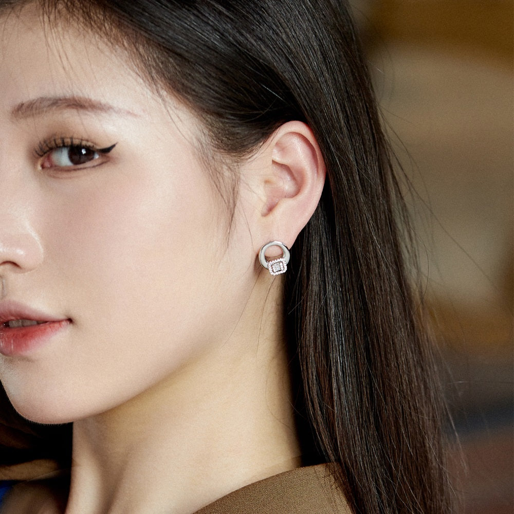 Silver Zircon Baguette Cut Hollow Disc Ear Studs