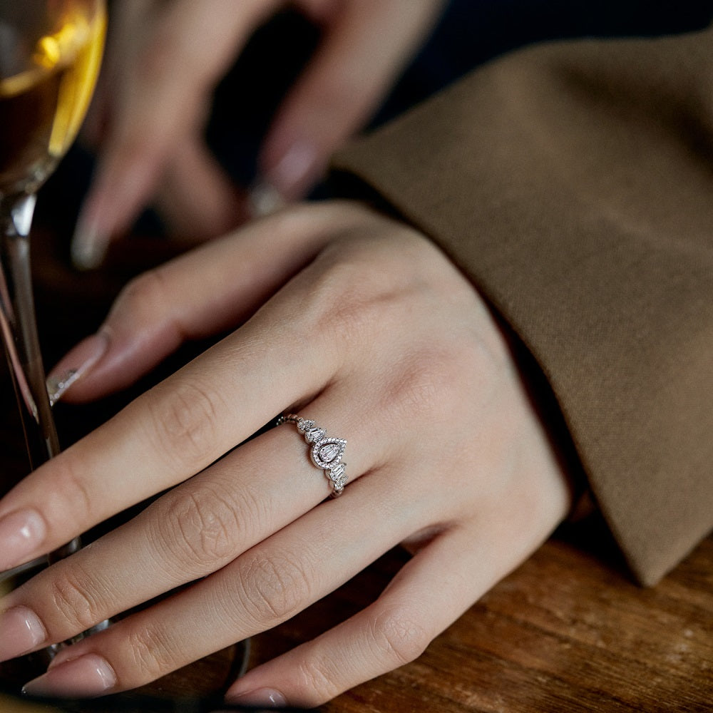 Silver Zircon Baguette Cut Iced Water Drop Dainty Ring