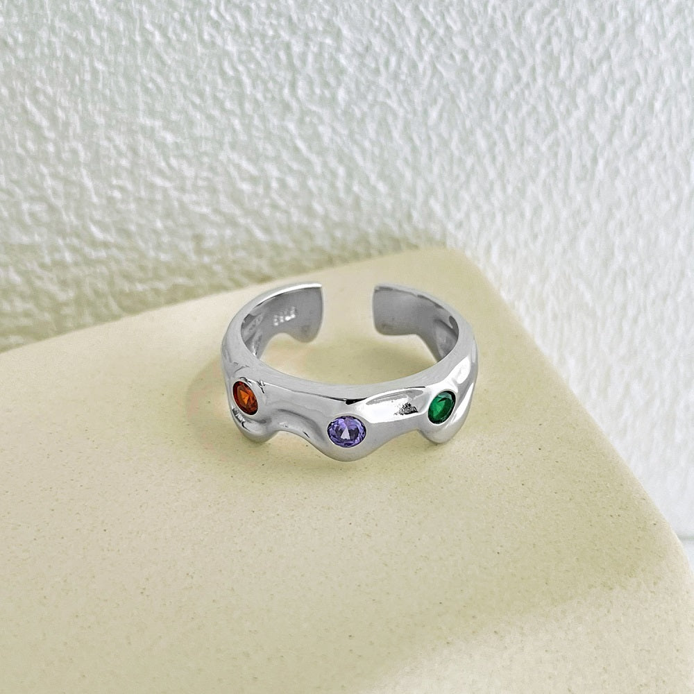 Silver Zircon Round Cut Inlaid Liquid Band Dainty Ring