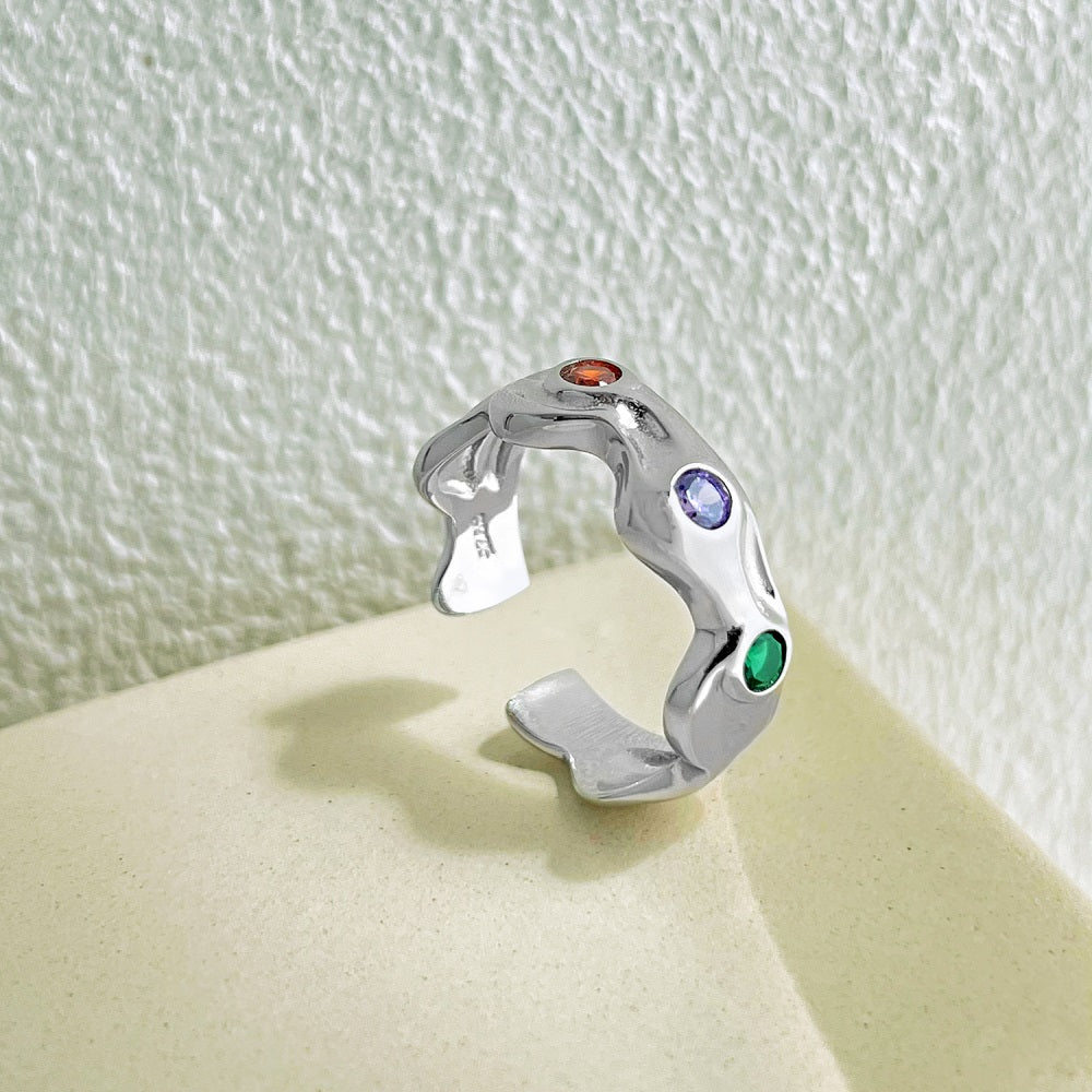 Silver Zircon Round Cut Inlaid Liquid Band Dainty Ring