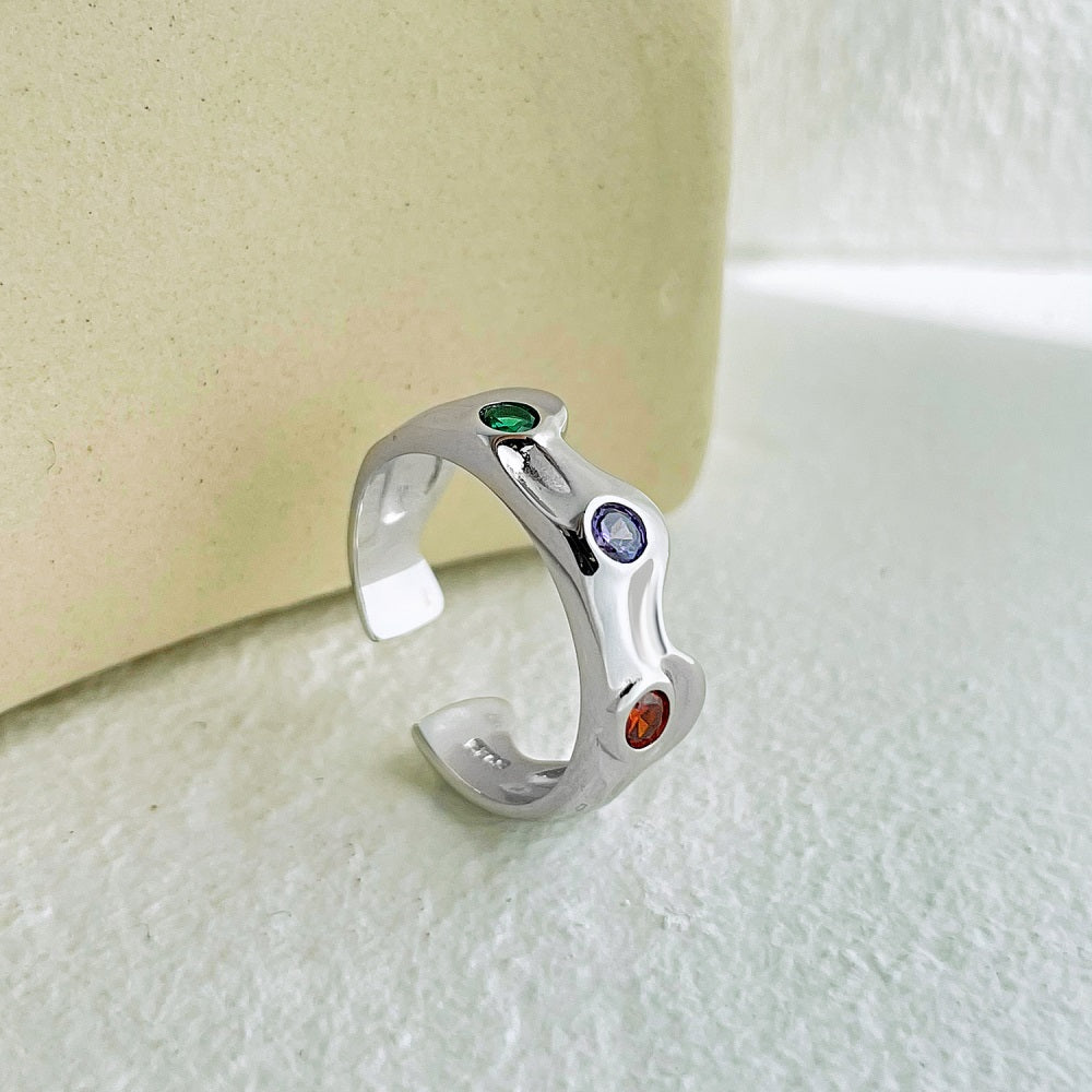 Silver Zircon Round Cut Inlaid Liquid Band Dainty Ring