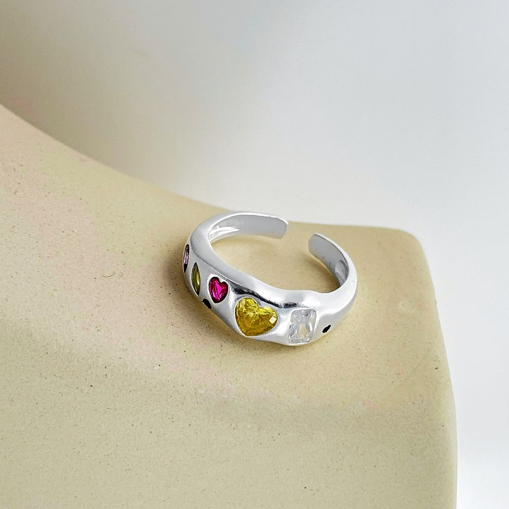 Silver Zircon Heart Cut Inlaid Band Dainty Ring