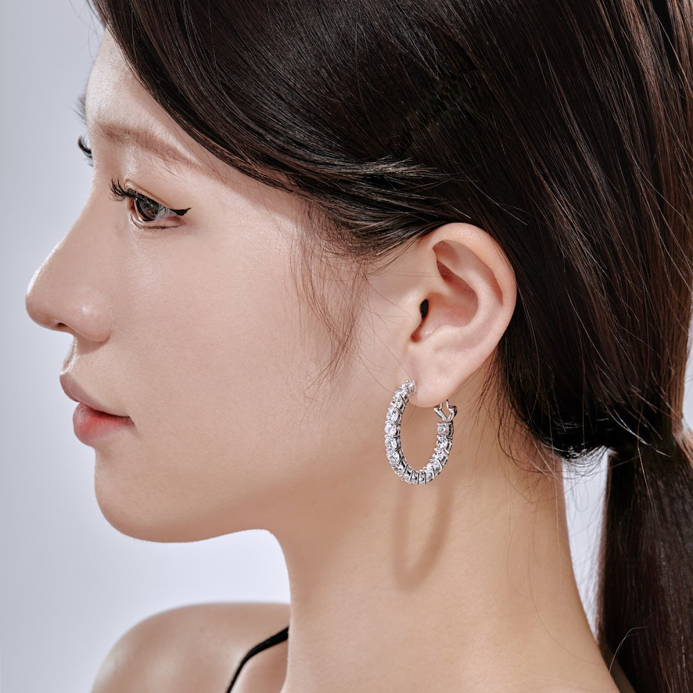 Silver Zircon Round Cut Circle Inlaid Ear Hoops