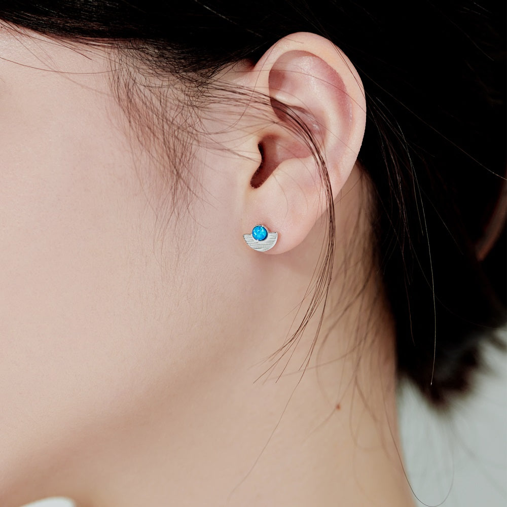 Silver Opal Round Cut Folding Fan Ear Studs